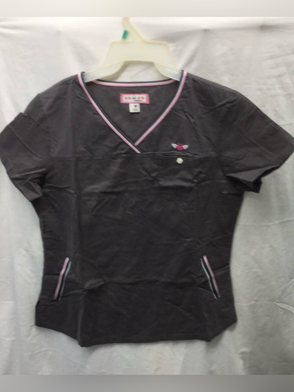 Koi Gray Scrub Top with Pink Trim V-Neck sz M